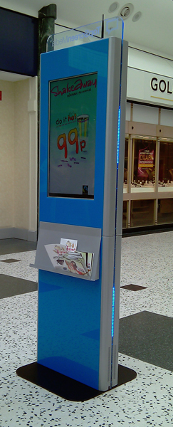 This 2 metre tall kiosk, comes with lower interactive 19'' display and a second, higher passive 19'' display for advertising purposes. At the rear of the unit a large passive of interactive third screen could replace the static advertisment area.